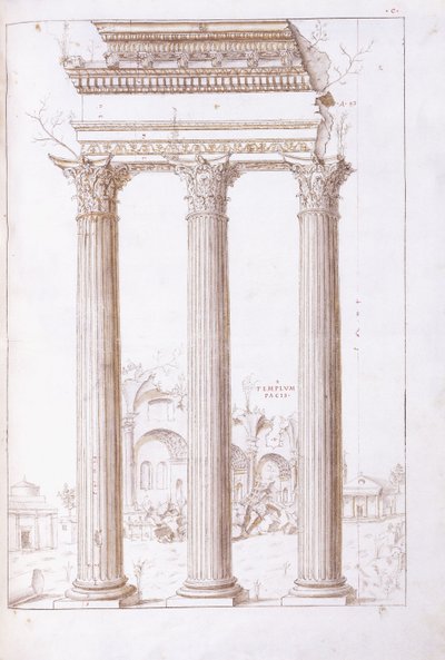 Castorin ja Polluxin temppelin pylväät, taustalla Rauhan temppeli, n. 1550 (alkuperäinen piirros mustalla liidulla, kynällä ja ruskealla musteella) tekijältä Giulio (circle of) Romano