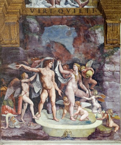 Psichen huone, pohjoisseinä: Venus ja Mars kylpevät; Eros ja jotkut kupidot osallistuvat jumalattaren kylpyyn (fresko) tekijältä Giulio (workshop of) Romano