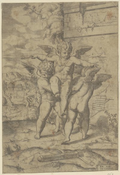 Amor ja kolme puttia tekijältä Giulio Bonasone (attributed to)