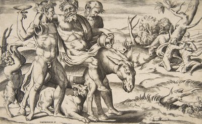 Humalainen Silenus ratsastaa aasilla satyyrien tukemana, 1531-76. tekijältä Giulio Bonasone