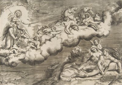 Allegoria nousevasta auringosta, alaston miehestä, jolla on käärinliina ja mukana Isä-aika..., 1531-76. tekijältä Giulio Bonasone
