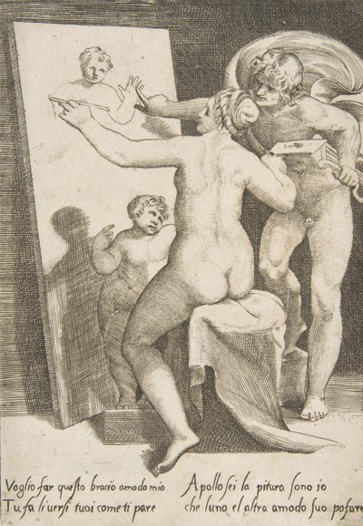 Apollo seisoo naisen vieressä, joka edustaa maalausallegoriaa, elokuvasta The Loves..., 1531-60. tekijältä Giulio Bonasone