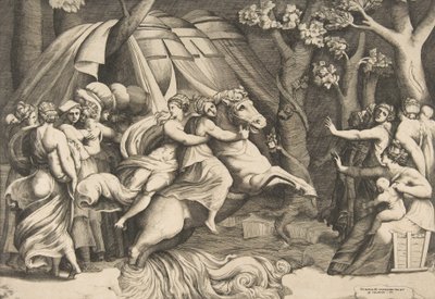 Cloelia hevosen selässä ylittää Tiberin, n. 1540-60. tekijältä Giulio Bonasone