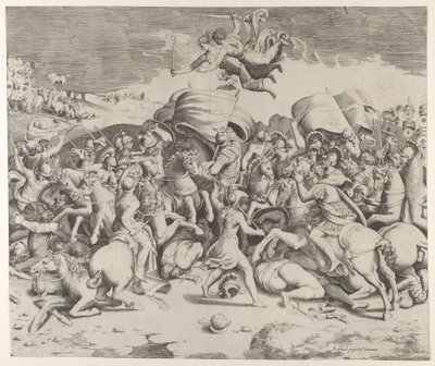 Constantine voitti tyranni Maxentiuksen, miekkoja kantavat enkelit lentävät yllä, 1544, 1544. tekijältä Giulio Bonasone