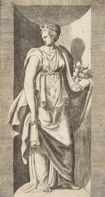 Diana pitelee hedelmiä vasemmassa kädessään ja seisoo markkinaraon sisällä, n. 1531-76. tekijältä Giulio Bonasone