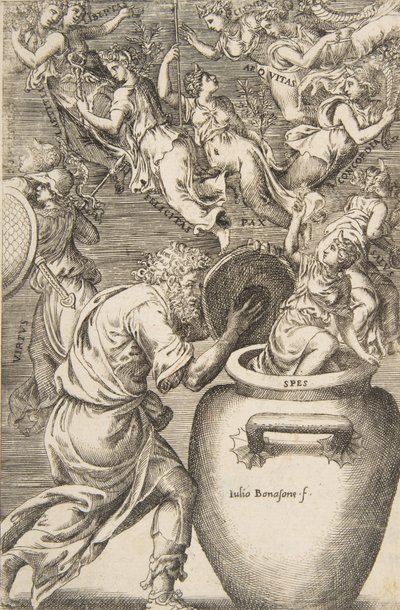 Epimetheus avaa Pandoran lippaan, 1531-76. tekijältä Giulio Bonasone