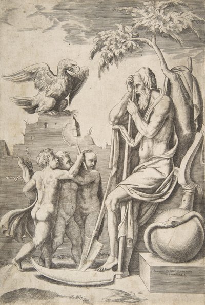 Oikealla Isä Aika viikateeseen nojaten, kolme alastomia poikaa ja kotka vasemmalla, 1..., 1531-76. tekijältä Giulio Bonasone