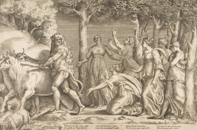 Herkules ajamassa pois Geryonin karjaa, oikealla ovat Hesperidien nymfit, ..., 1531-76. tekijältä Giulio Bonasone