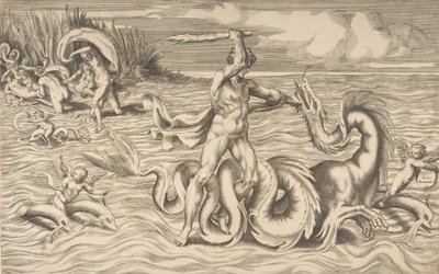 Herkules taistelee lohikäärmettä vastaan keskellä, Achelous kantaa Deianeiran ylhäällä vasemmalla, 1531-76. tekijältä Giulio Bonasone