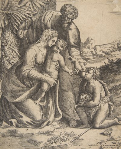 Pyhä perhe oikealla polvistuvan pyhän Johannes Kastajan kanssa, 1531-76. tekijältä Giulio Bonasone