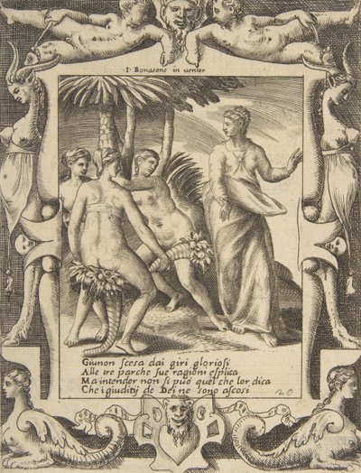 Juno oikealla kääntyy ja puhuu kohtaloille, sijoittuu yksityiskohtaisiin kehyksiin, edestakaisin..., 1531-76. tekijältä Giulio Bonasone