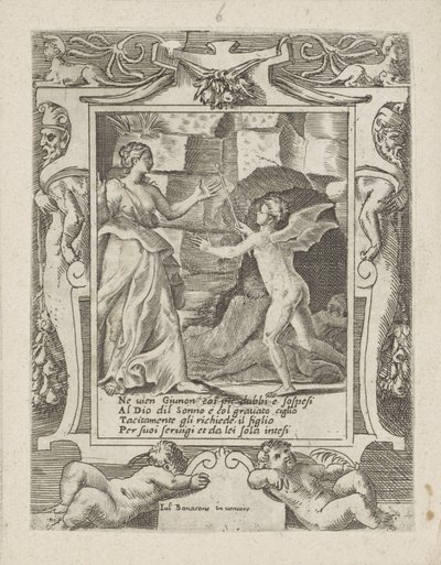 Juno käskee Sleepin laskeutua Jupiteriin Junon rakkaus, viha ja mustasukkaisuus (sarjan nimi) Amori sdegni et gielosie di Giunone (sarjan nimi) tekijältä Giulio Bonasone