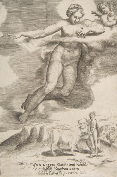 Juno katsomassa Jupiteria ja Ioa elokuvista The Loves of the Gods, 1531-60. tekijältä Giulio Bonasone