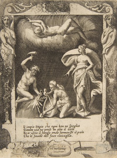 Litigium poistettiin Chaosin ruumiista, kun hänen äitinsä heitetään ilmaan, sijoittui..., 1531-76. tekijältä Giulio Bonasone