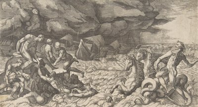 Neptunus rauhoittaa Aeneas-laivastoa vastaan nostettua myrskyä, 1531-76. tekijältä Giulio Bonasone