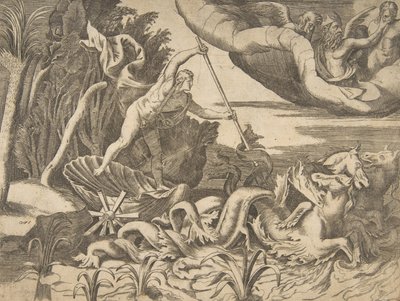 Merihevoset vetivät Neptunusta vaunussaan "Universumin jaosta", 1..., 1531-76. tekijältä Giulio Bonasone