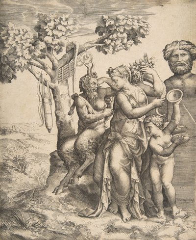 Pannu vasemmalla seisovan nymfin vieressä, oikealla Amor pitelee symbaaleja, 1531-76. tekijältä Giulio Bonasone
