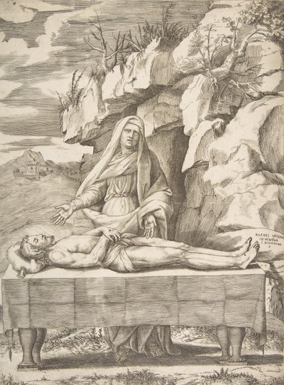 Pieta, Kristus ojennettuna pöydällä maisemassa, Neitsyt käsivarsien takana..., 1531-76. tekijältä Giulio Bonasone
