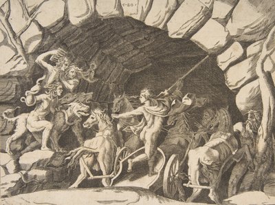 Pluto ratsastaa vaunuilla, jotka laskeutuvat helvettiin, "universumin jaosta", 1531-76. tekijältä Giulio Bonasone