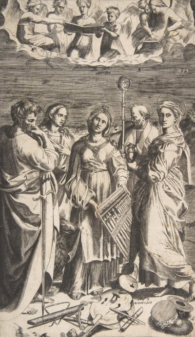 Pyhä Cecilia seisoo keskellä Pyhän Paavalin, Magdaleenan, Pyhän Johanneksen..., 1531. tekijältä Giulio Bonasone