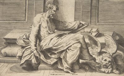 Pyhä Markus kirjoittaa evankeliumiaan, siivekäs leijona oikealla, 1531-76. tekijältä Giulio Bonasone