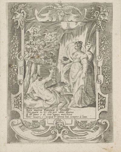 Tantalus puhuu Dianalle Junon rakkaus, viha ja mustasukkaisuus (sarjan nimi) Amori sdegni et gielosie di Giunone (sarjan nimi) tekijältä Giulio Bonasone