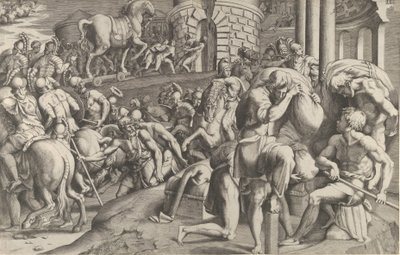 Troijalaiset vetävät puuhevosen Troijaan, 1545. tekijältä Giulio Bonasone