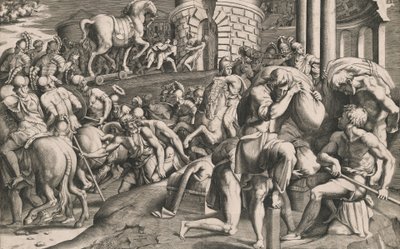 Troijalaiset veivät puuhevosen kaupunkiin, 1545. tekijältä Giulio Bonasone