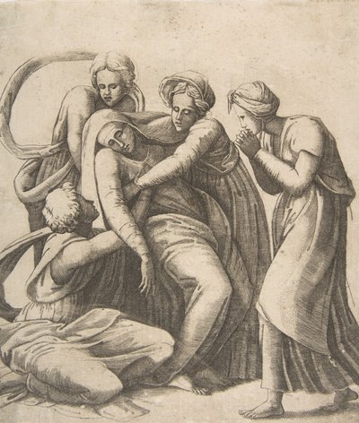 Neitsyt pyörtymässä ja tuettuina pyhien naisten käsivarsissa, 1531-76. tekijältä Giulio Bonasone