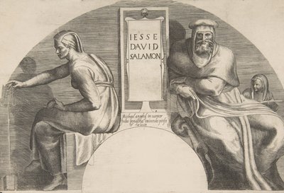 Kristuksen esi-isät reunustavat kaiverrettua taulua, kaarevaa yläosaa, 1531-76. tekijältä Giulio Bonasone
