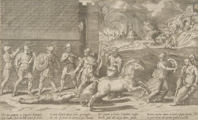 Hektorin ja Akilleuksen taistelu ja Akhilleus raahaamassa Hektorin ruumista ympäri ..., 1531-76. tekijältä Giulio Bonasone