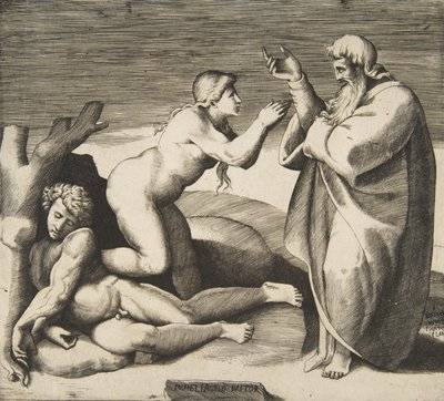 Aadamin takaa nousevan Eevan luominen, n. 1530-70. tekijältä Giulio Bonasone