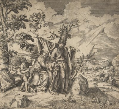 Loput Pyhästä perheestä lennossa Egyptiin, 1531-76. tekijältä Giulio Bonasone