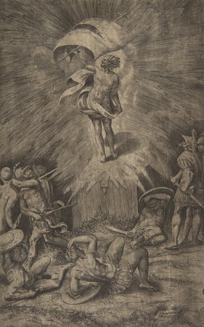 Kristuksen ylösnousemus, lippu oikeassa kädessään, sotilaat ympärillä t..., 1561. tekijältä Giulio Bonasone