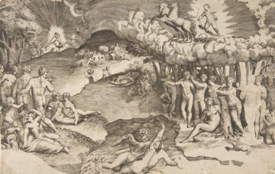 Rakkauden voitto, yksisarvisen vetämillä vaunuilla ajava amor on oikeassa yläkulmassa, alasti..., 1545. tekijältä Giulio Bonasone