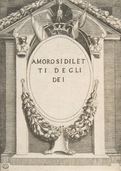 Nimisivu teokselle "Jumalien rakkaudet", 1531-60. tekijältä Giulio Bonasone