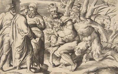 Kaksi satyyriä tuomassa Silenus-kuningas Midasta seisomassa vasemmalla, 1531-76. tekijältä Giulio Bonasone