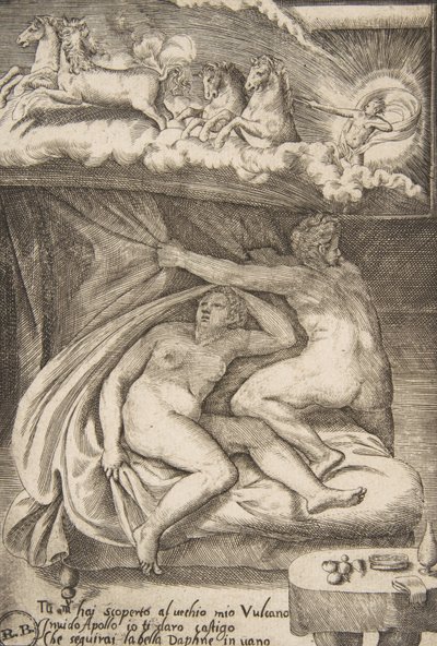 Apollon löysi Venuksen ja Marsin teoksesta The Loves of the Gods, 1531-60. tekijältä Giulio Bonasone