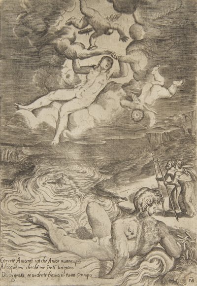 Venus myrskyilee putin kanssa pilvissä, The Loves of the Gods -sarjasta, n. 1531-76. tekijältä Giulio Bonasone