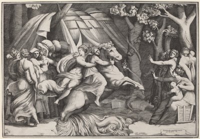 Clelia ylittää Tiberin tekijältä Giulio Bonasone after Polidoro da Caravaggio