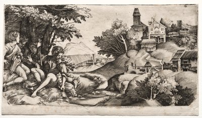 Paimenet maisemassa, n. 1517. tekijältä Giulio Campagnola