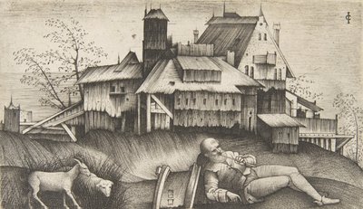 Vanha paimen makaa maisemassa, rakennukset takana, vuohi ja lammas th..., n. 1500-1515. tekijältä Giulio Campagnola