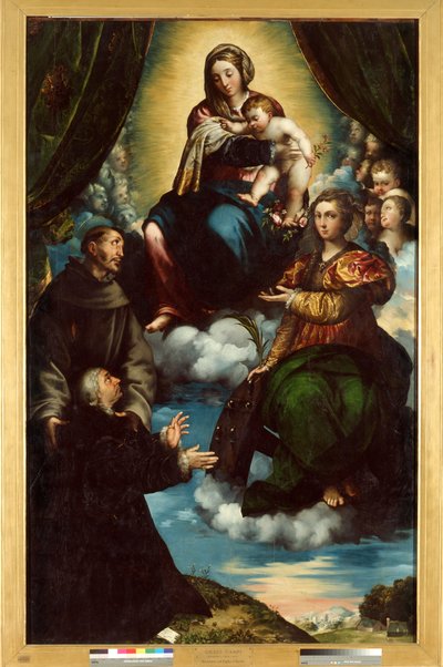 Madonna ja lapsi, Pyhä Katariina Alesandrialainen, Pyhä Franciscus ja Pietro Martire Print tekijältä Giulio Campi