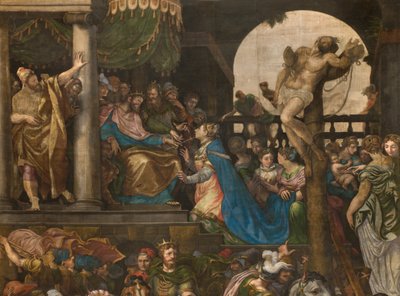 Eteläisen poikkiristeyksen vastajulkisivua vastapäätä seinä, Giuseppe Campi, Mordekain voitto 1567, yksityiskohta korkea osa tekijältä Giulio Campi