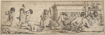 Bacchanal infant satyrs ja putti vasemmalla, alaston mieshahmo nojaa edessä..., 1633-78. tekijältä Giulio Carpioni