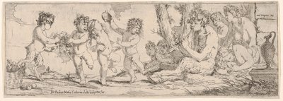 Bacchanal, jossa satyyri soittaa luuttua ja ympäröi neljä hahmoa, jotka katsovat kohti s..., 1640-60. tekijältä Giulio Carpioni