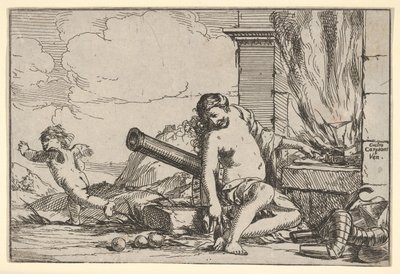 Tuli, jota edustaa Venus, joka istui vulkaanien takoman edessä haarniskan, tykin ja kanuun kanssa..., 1640-60. tekijältä Giulio Carpioni