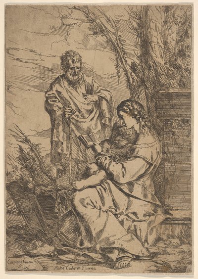 Pyhä perhe, jossa Neitsyt lukee, Neitsyt istuu profiilissa ja kirja vasemmalla..., 1640-60. tekijältä Giulio Carpioni