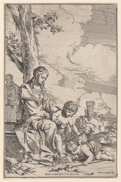 Pyhä perhe, jossa pieni pyhä Johannes suutelee Kristuksen jalkoja, 1640-60. tekijältä Giulio Carpioni