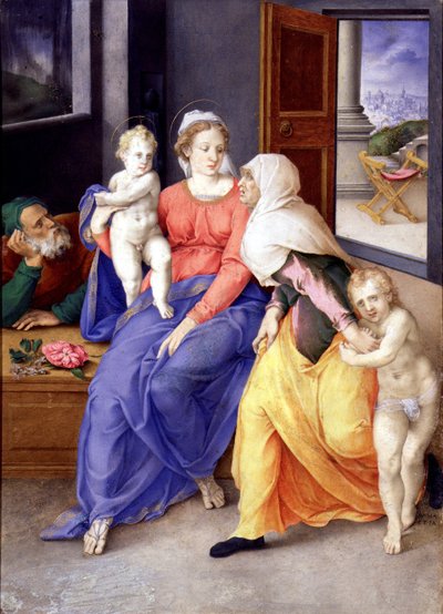 Pyhä perhe, jossa Johannes Kastaja poikana ja pyhä Elisabet, 1556-1557 tekijältä Giulio Clovio
